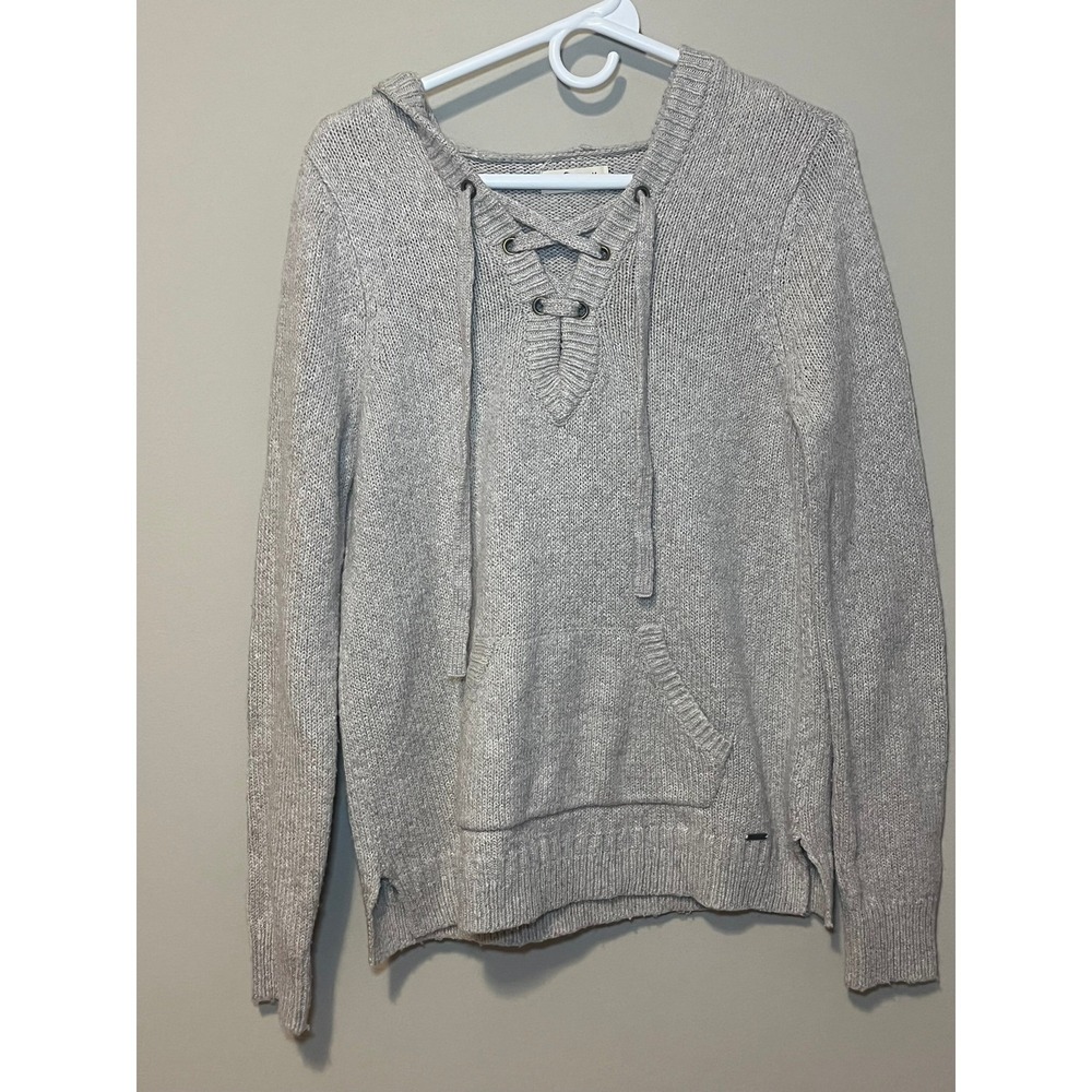 Hollister Sweater Hoodie Oatmeal Lace Up Knit Kangaroo Pocket Medium